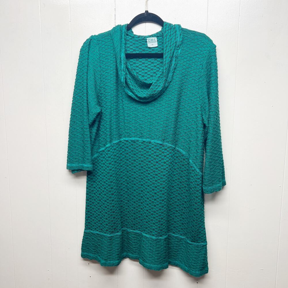 CMC Vintage Textured Green Cowl Neck Women's 3/4 Sleeve Tunic Sweater Size XL